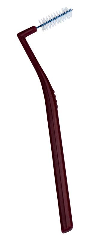 Bordeauxfarbene große Interdentalbürste I-Prox® L mit gebogenem Griff.