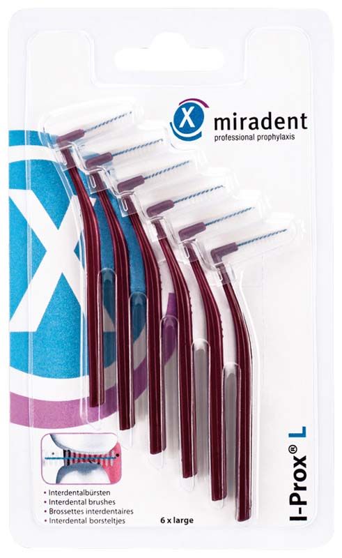 Sechserpack große bordeauxfarbene I-Prox® L Interdentalbürsten in Verpackung.