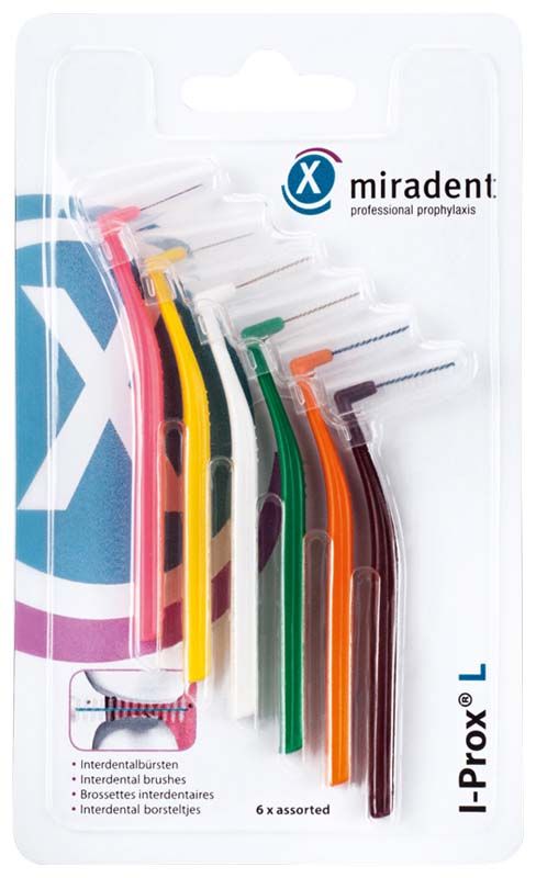 Zahnzwischenraumbürsten I-Prox® L sortiert in Blisterverpackung, verschiedene Farben sichtbar.