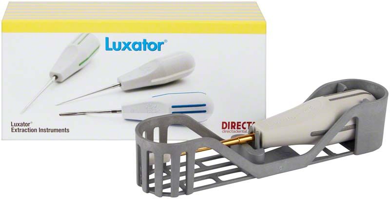 Luxator® Stück L3S TiN mit Aufbewahrungshalter vor Verpackung.