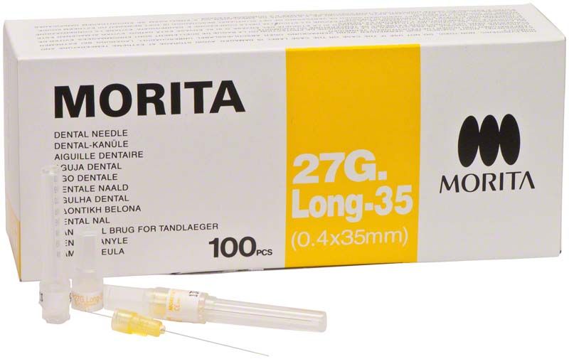 MORITA Injektionskanülen, 100 Stück, 27G-35, farbkodierte Verpackung.