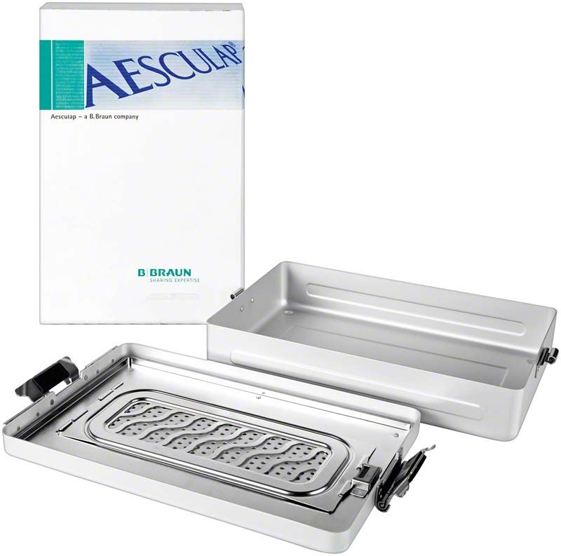 Sterilcontainer mit Deckelperforation und Verpackung, Größe 312 x 190 x 65mm.