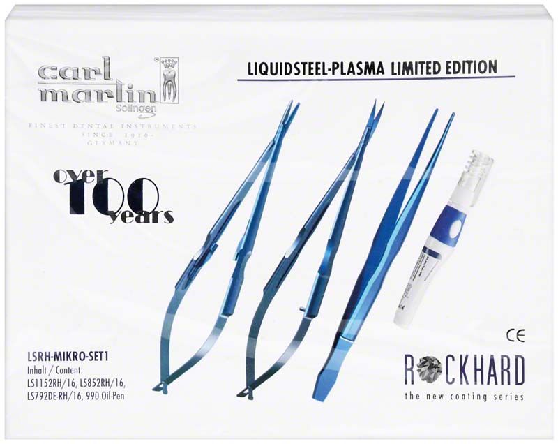 Mikro-Set mit blauen Dentalinstrumenten und Flüssigkeitsstift in Verpackung.