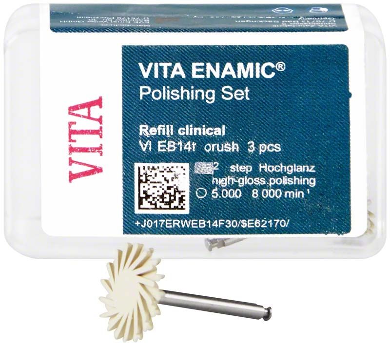 VITA ENAMIC® Polierer EB14f in Verpackung mit Bürste für Dentalrestaurationen.