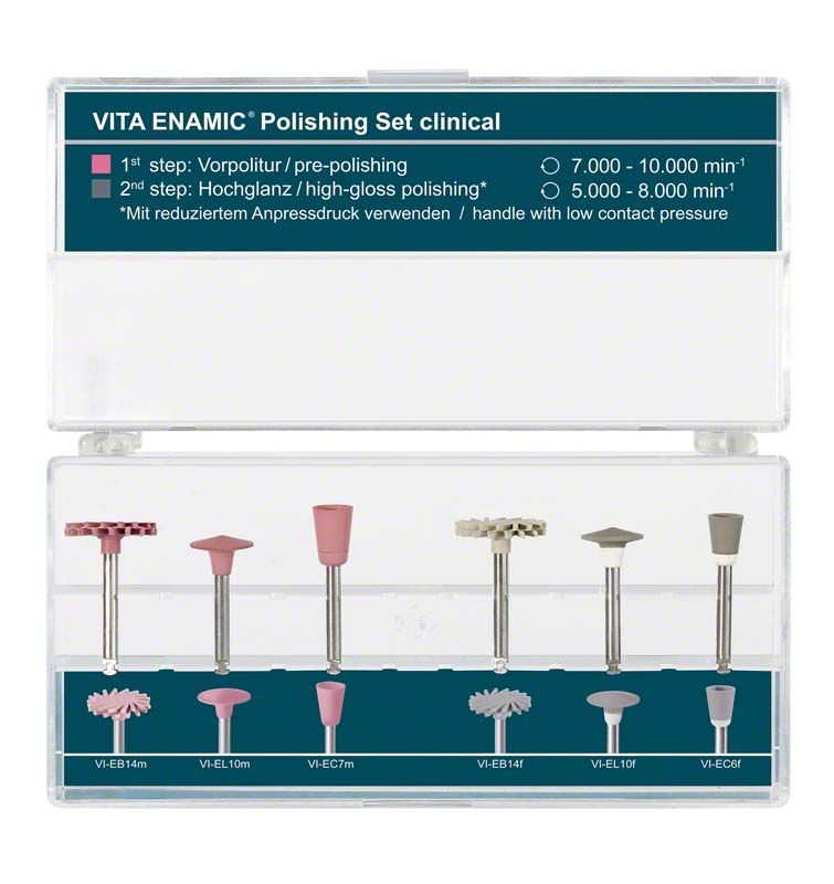 VITA ENAMIC® Polishing Set clinical mit verschiedenen Polieraufsätzen.