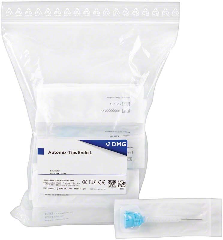 Mischkanülen Colibri Endo L in transparenter Verpackung mit DMG-Logo.