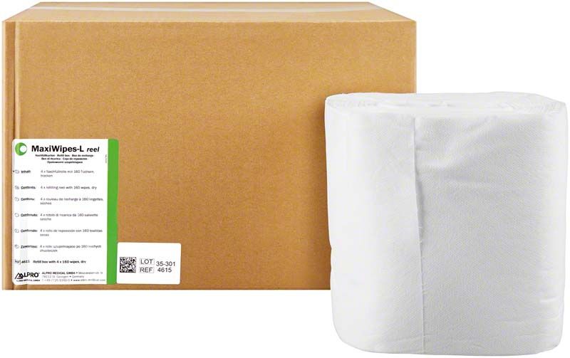 MaxiWipes-L reel Rollen und Verpackung für Desinfektionstücher.