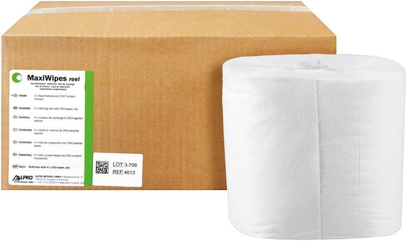 MaxiWipes reel Box mit Desinfektionstücherrolle für medizinische Anwendungen.