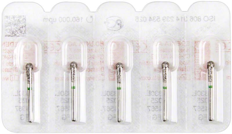 Diamantbohrer FG 830LG 025 in Blisterpackung mit vier Bohrern.
