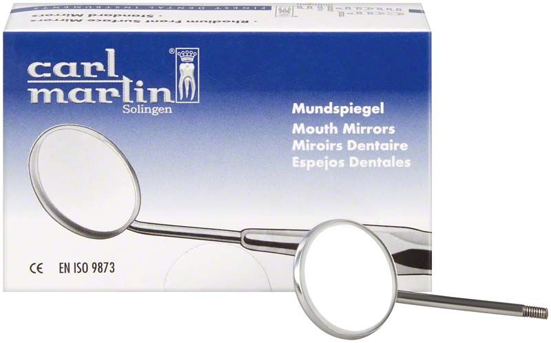 Mundspiegel mit Rhodium-Beschichtung vor Verpackung auf weißem Hintergrund.