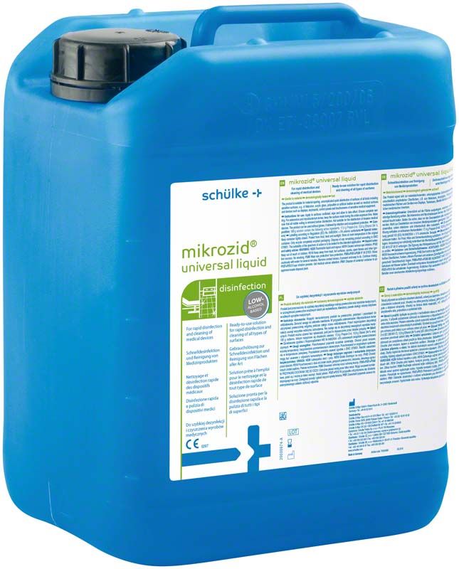 Blauer 5-Liter-Kanister mikrozid® universal liquid mit Etikettinformationen.