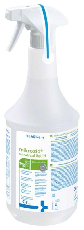 Mikrozid® universal liquid Flasche, 1 Liter Desinfektionsmittel mit Etikett.