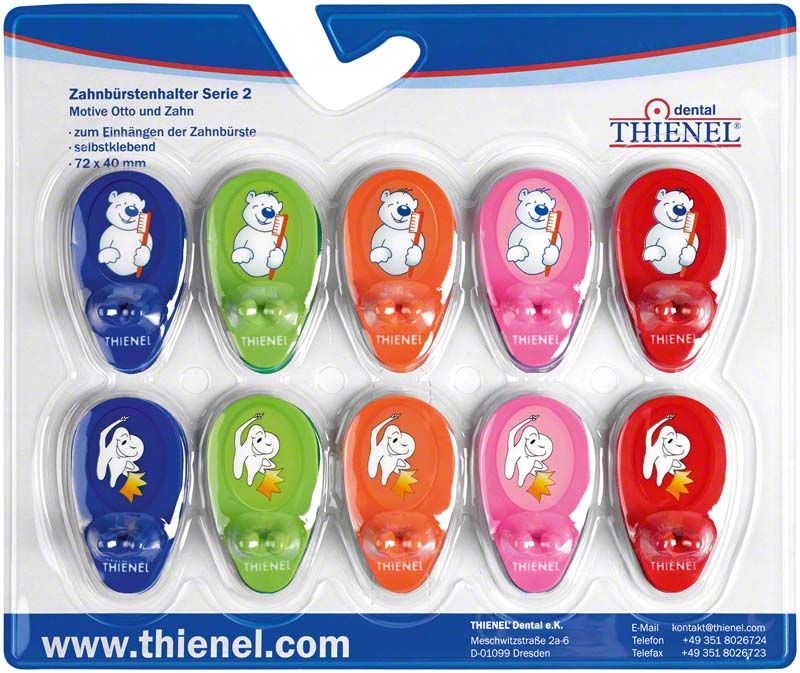 Zahnbürstenhalter Gruppenpackung mit bunten Cartoon-Bär- und Zahn-Motiven.