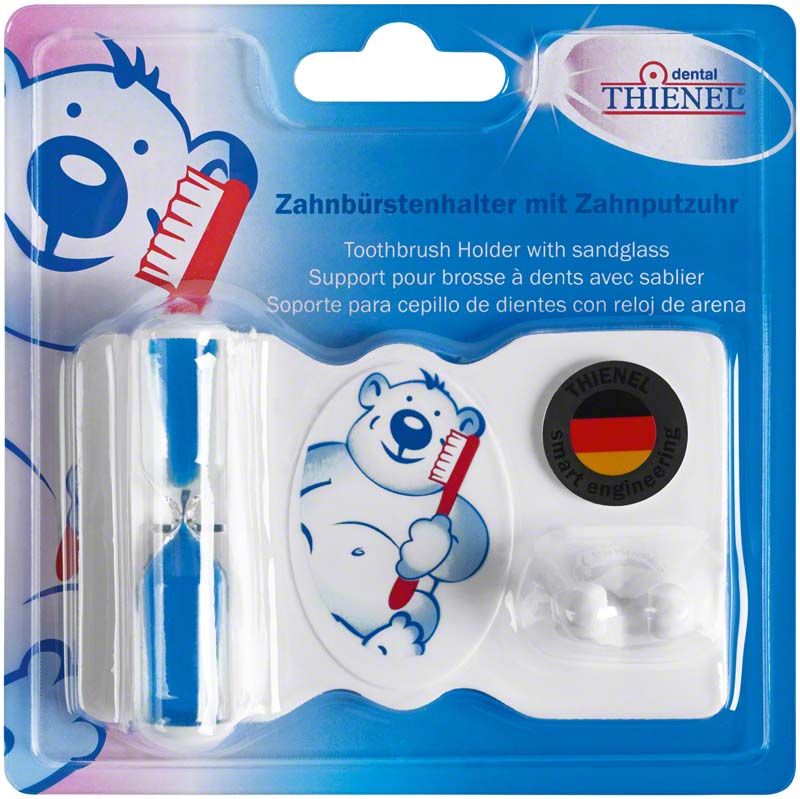 Zahnputzuhr mit Halter in Bärendesign auf Produktverpackung.