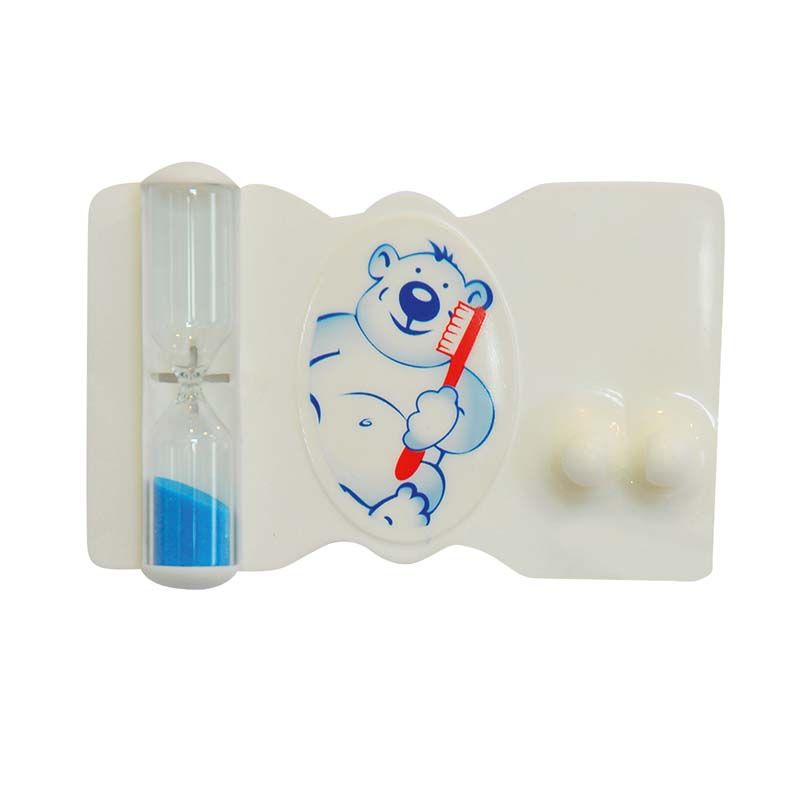 Zahnputzuhr mit blauem Sand und Bärenillustration auf weißem Halter.