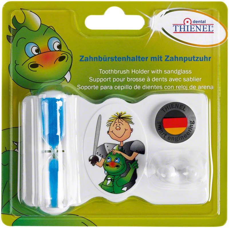 Zahnputzuhr mit Halter und Ritterdesign in Blisterverpackung.