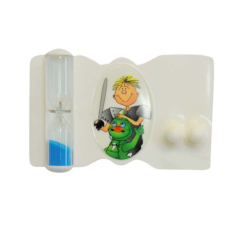 Zahnputzuhr mit blauem Sand und Ritterillustration auf weißem Halter.