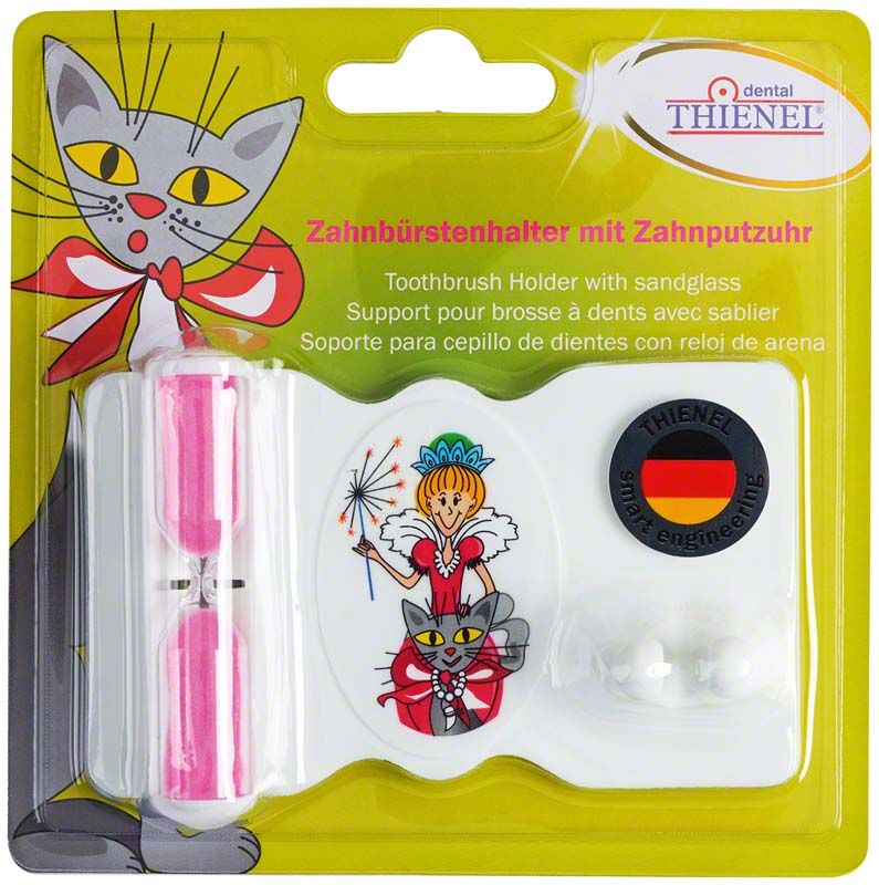 Zahnputzuhr mit Halter Fee, Verpackung mit Katzenmotiv und Sanduhr.