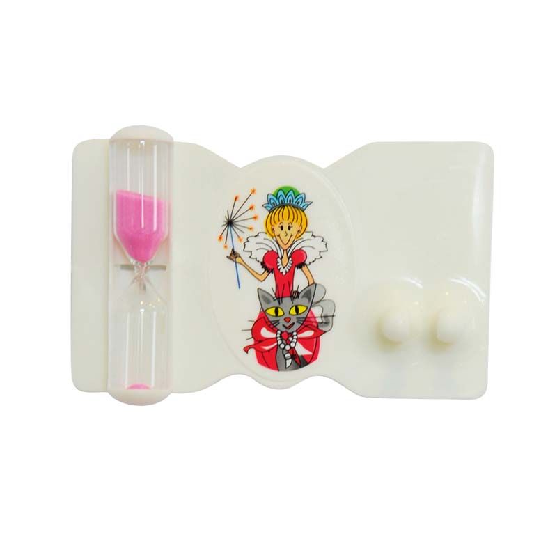 Zahnputzuhr mit Feenhalter und rosa Sanduhr auf Katzenmotiv-Hintergrund.