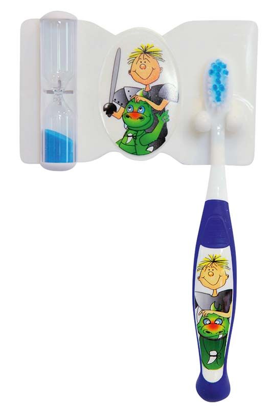 Zahnbürstenset für Kinder mit blauem Griff und Sanduhr.