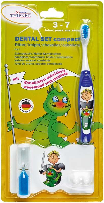 Zahnbürstenset für Kinder mit Drachenmotiv und blauer Sanduhr.