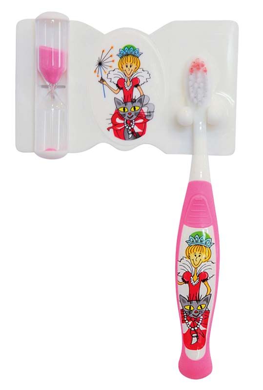 Zahnpflegeset für Kinder mit pinker Zahnbürste und Sanduhr.
