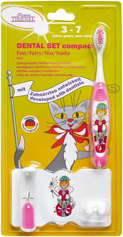 Pinker Zahnbürstenhalter mit Zahnputzuhr und Fee-Illustration auf Verpackung.