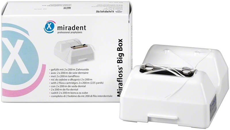 Zahnseide-Spender Mirafloss Big-Box für Wandmontage mit Verpackung.