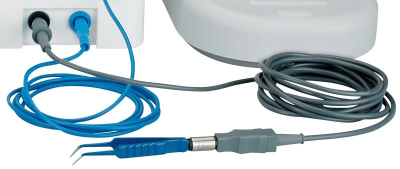 Kabel für Bipolar-Pinzette mit blauer und grauer Ummantelung, 1,5m Länge.