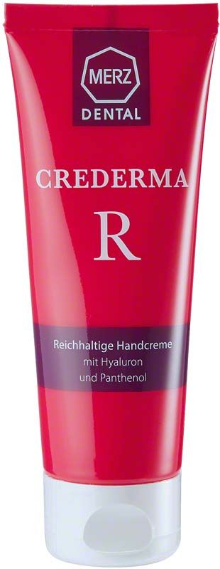 Crederma-R Handcreme in roter Tube mit Merz Dental Logo.