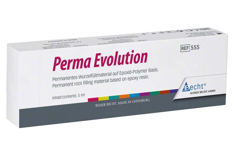 Verpackung der Perma Evolution Doppelkammerspritze mit Epoxidharz-Wurzelfüllmaterial.