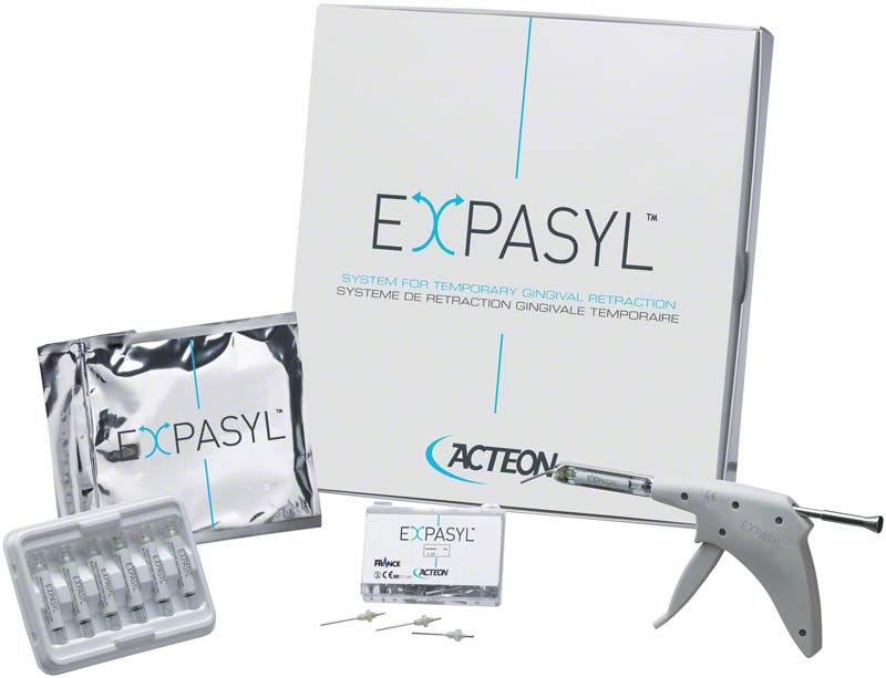 Expasyl™ Minikit mit Applikator, Verpackung und Zubehör für Zahnfleischretraktion.