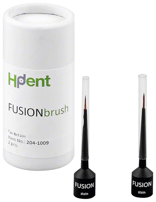 Weiße Verpackung und zwei FUSION.brush Tip Stains mit schwarzem Griff.