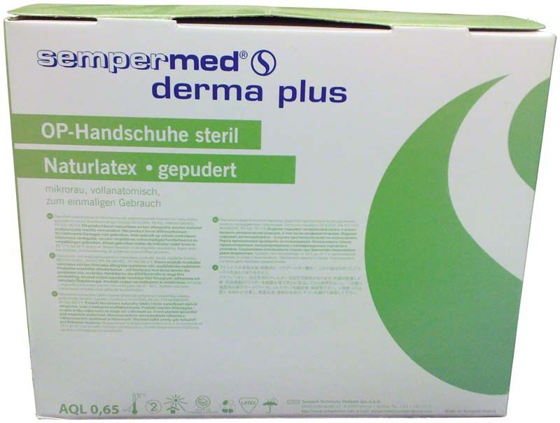 Sempermed® derma plus OP-Handschuhe in grüner Verpackung, Größe 8.