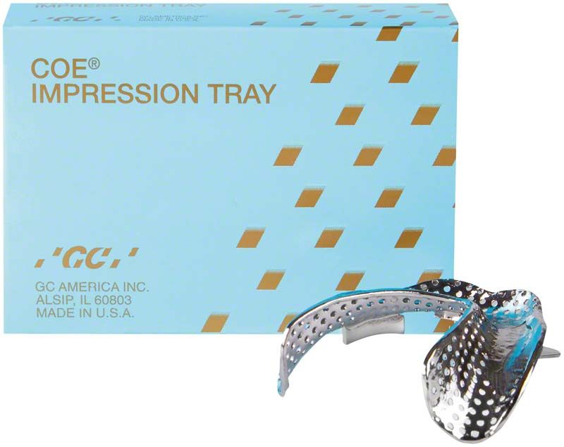 COE® Metall-Löffel, großer ovaler Zahneindrucklöffel vor Verpackung.