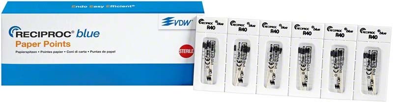 RECIPROC® blue Papierspitzen R40 in steriler Verpackung, fünf Stück.