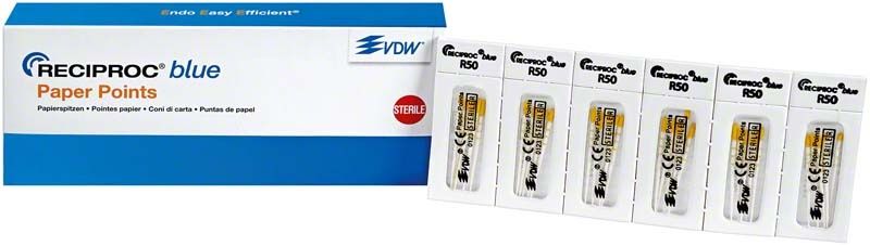 RECIPROC® blue Papierspitzen R50 Verpackung mit sechs Einzelpackungen sichtbar.