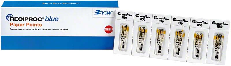 RECIPROC® blue Papierspitzen sortiert in Originalverpackung mit sechs Einzelblistern.