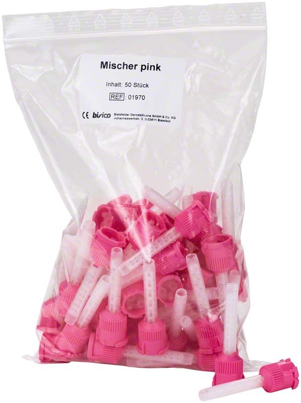 Hochwertige pinke Mischkanülen Mixingtips in transparenter Verpackung.
