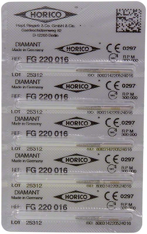 Blisterverpackung mit Diamant FG 220 016 Dentalinstrumenten von Horico.