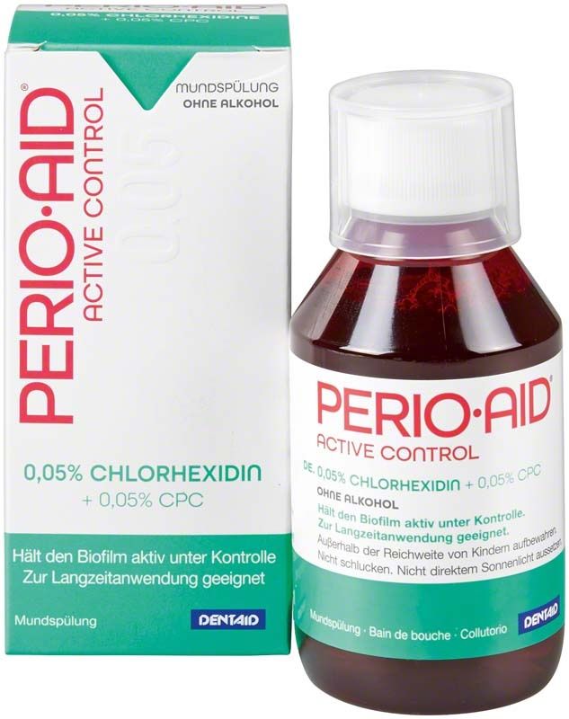 PERIO•AID® Active Control Mundspülung 150ml mit Verpackung und Flasche.