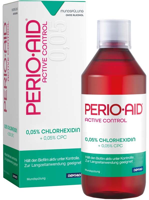 PERIO•AID® Active Control Mundspülung 500ml Flasche mit Verpackung, alkoholfrei.