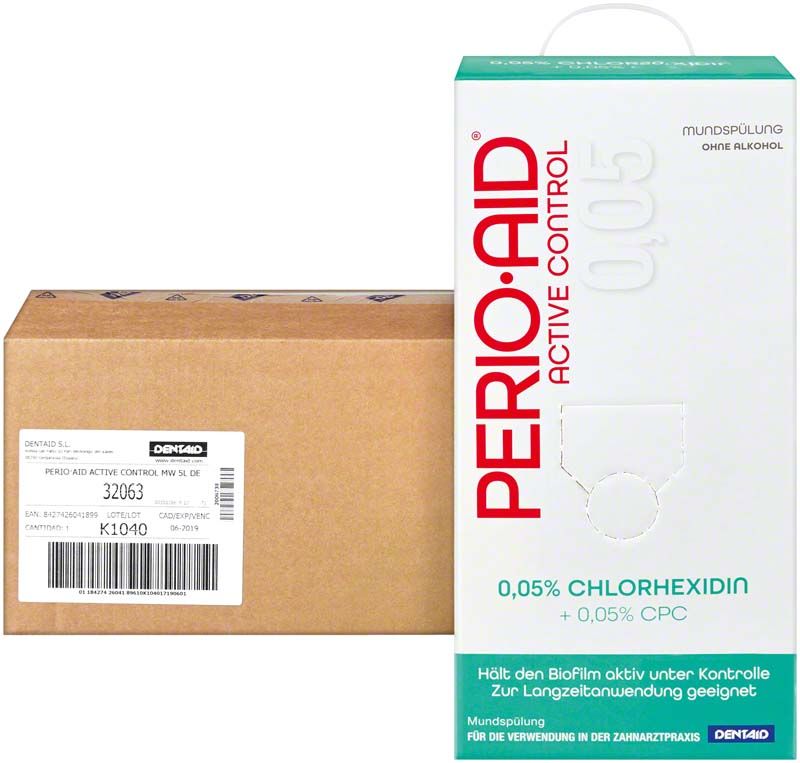 PERIO•AID® Active Control Mundspülung 5000ml mit 0,05% CHX und 0,05% CPC.