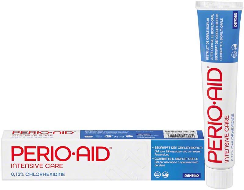 PERIO•AID® Intensive Care Gel mit 0,12% Chlorhexidin in weißer Tube neben Verpackung.