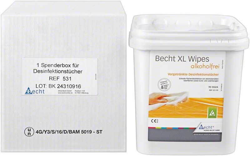Spenderbox für Becht XL Wipes alkoholfrei, Verpackung mit Etikett.