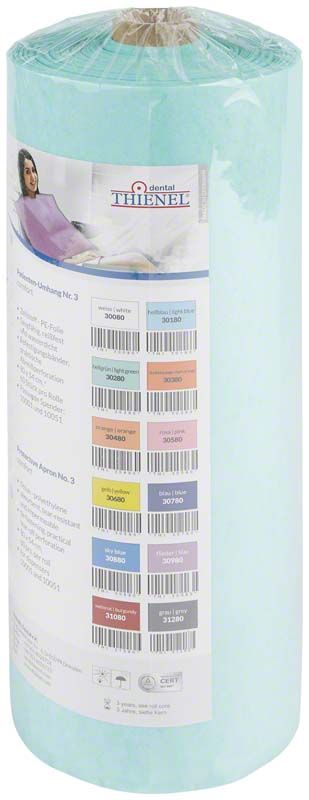 Patienten-Umhang Nr.3 comfort hellgrün in Rollenform mit Verpackungsdetails.