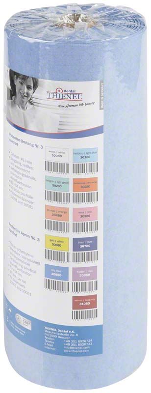 Patienten-Umhang Nr.3 comfort skyblue in Verpackung mit Produktbeschreibung.