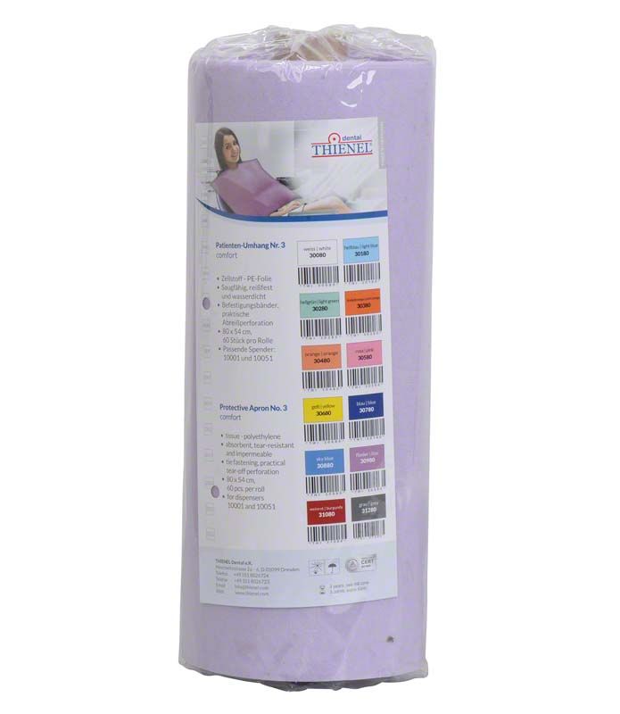 Patienten-Umhang Nr.3 comfort flieder in Rolle mit Etikett und Informationen.