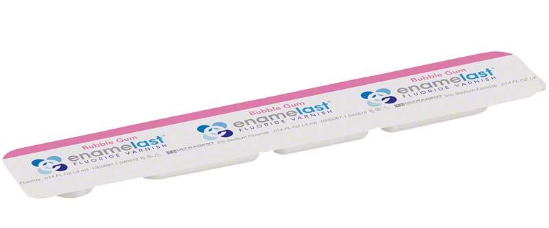 Enamelast® Bubble Gum Fluoridlack in Einzelverpackung mit rosa Streifen.