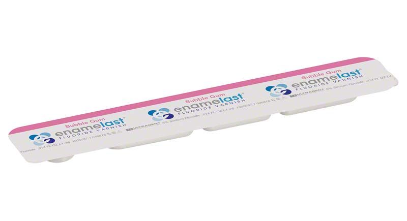 Enamelast® Bubble Gum Fluoridlack-Einheiten in rosa Verpackung.